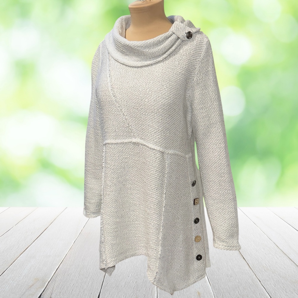 SOFT SURROUNDINGS Artsy Tunic Sweater Cowl Neck Mixed Buttons Asym Hem White M